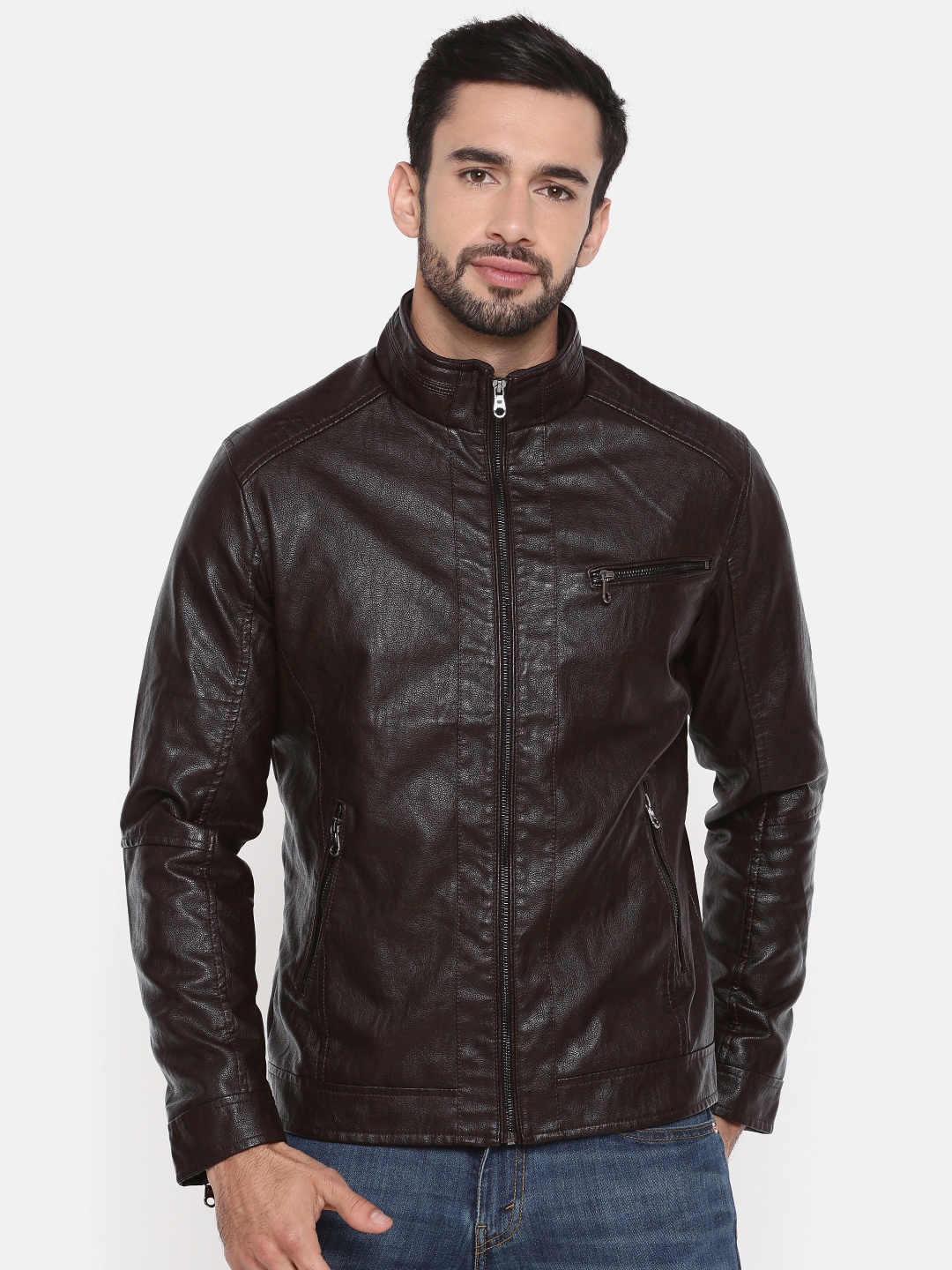 

The Indian Garage Co Men Brown Solid Biker Jacket