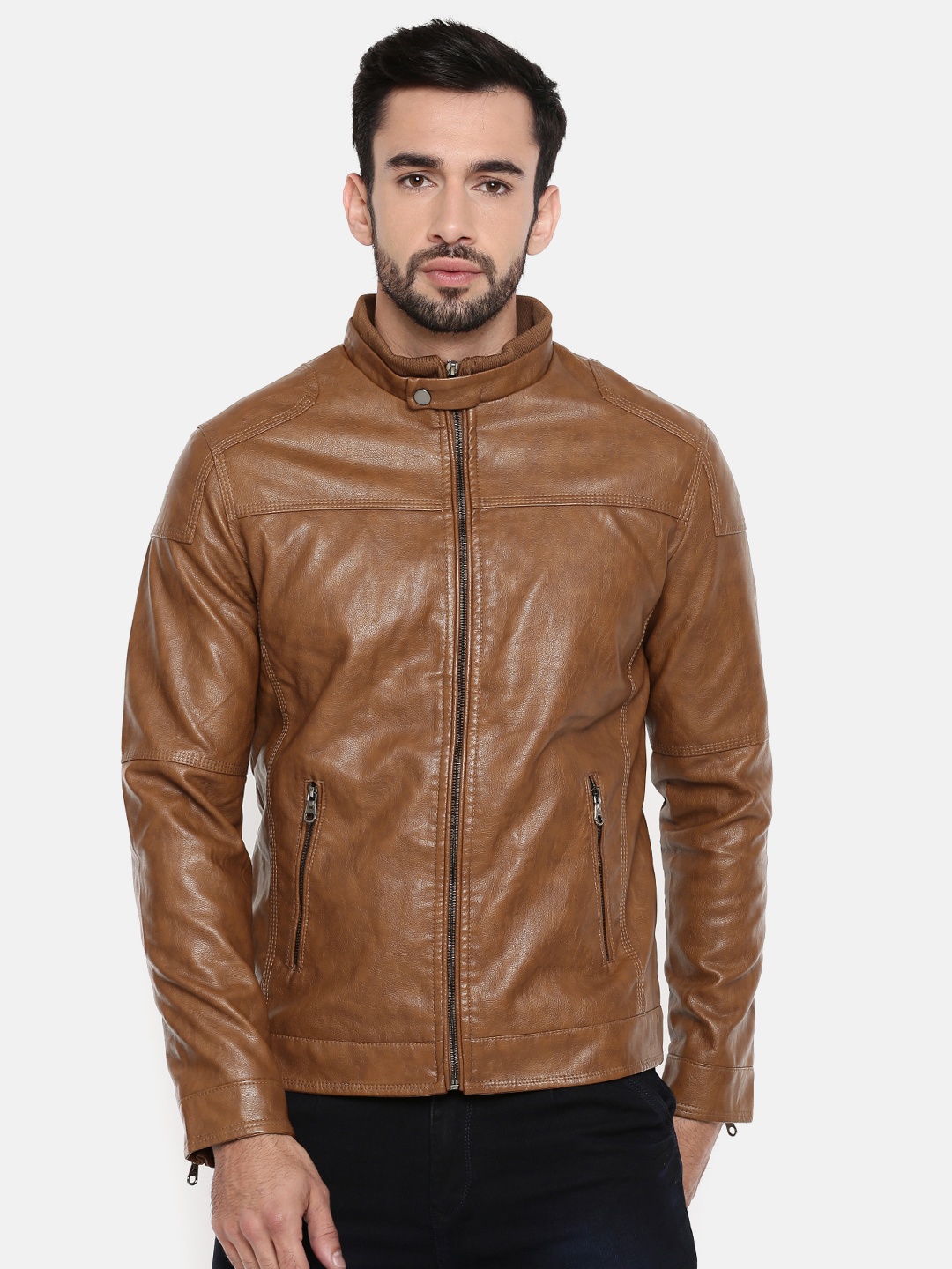 

The Indian Garage Co Men Brown Solid Biker Jacket