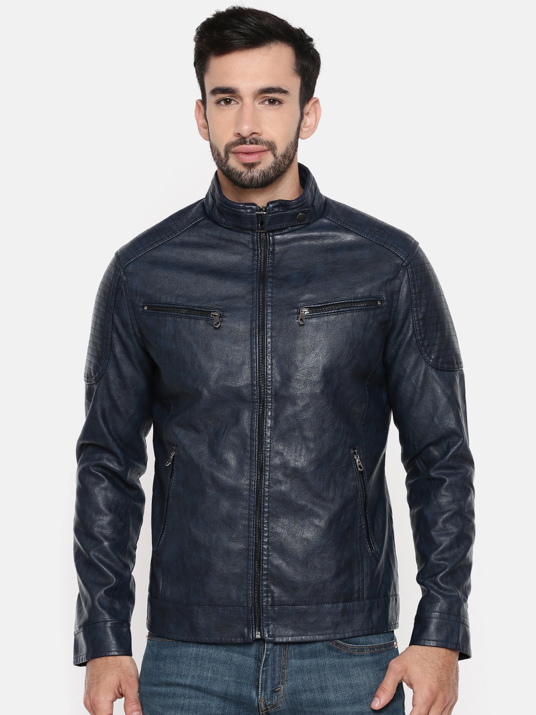 

The Indian Garage Co Men Navy Blue Solid Biker Jacket