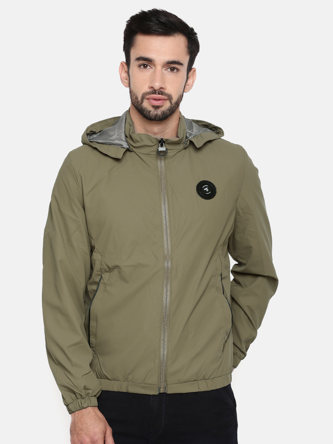 

The Indian Garage Co Men Khaki Solid Lightweight Tailored Jacket with Detachable Hood