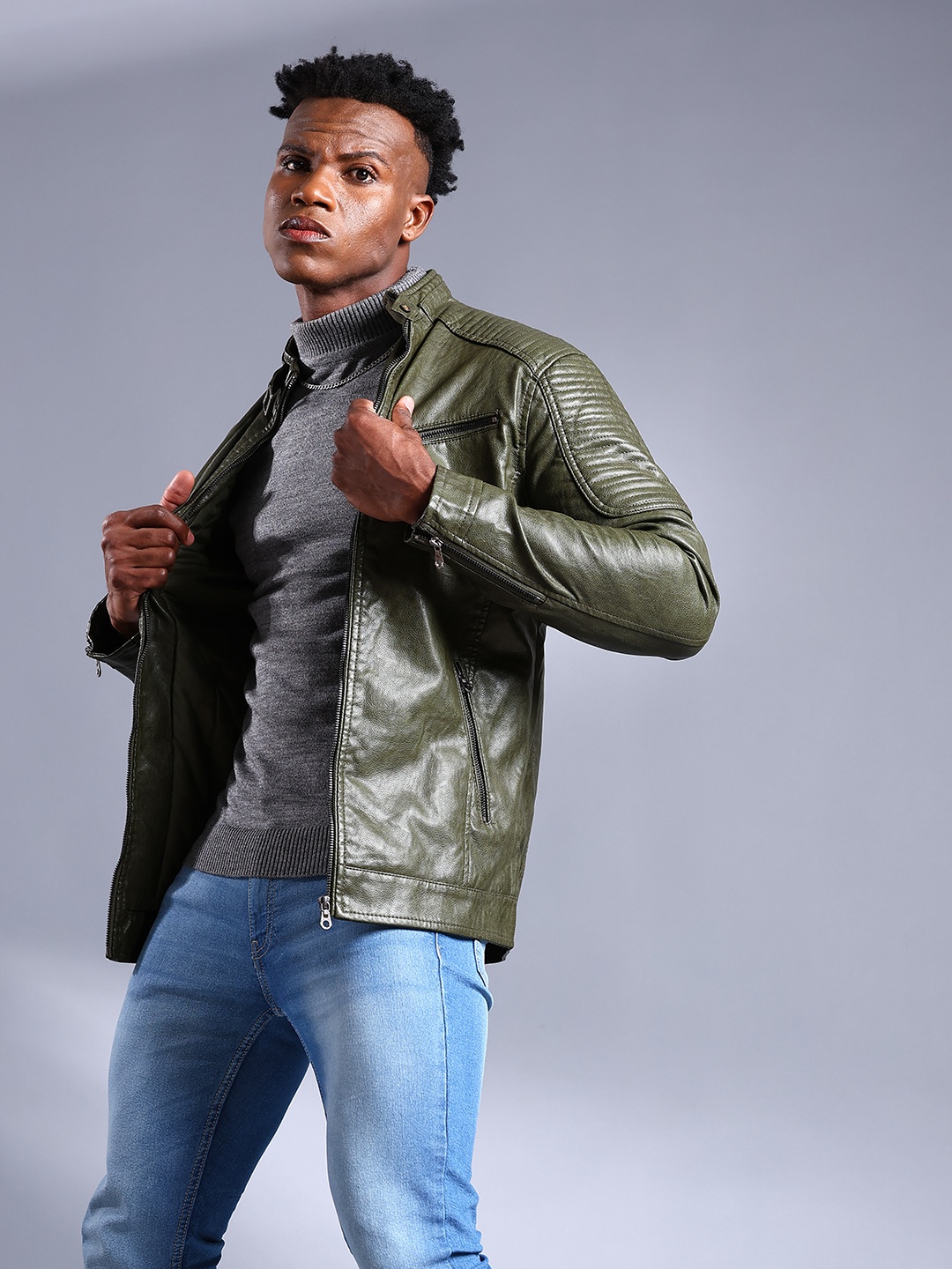 

The Indian Garage Co Men Olive Green Solid Faux Biker Jacket