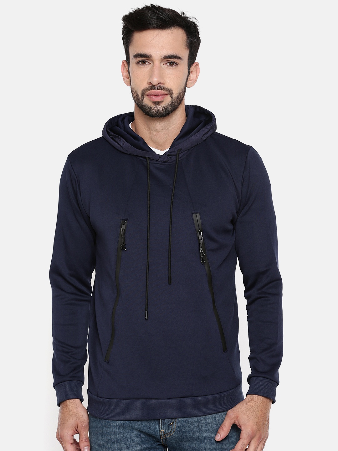

The Indian Garage Co Men Navy Blue Solid Hooded Sweatshirt