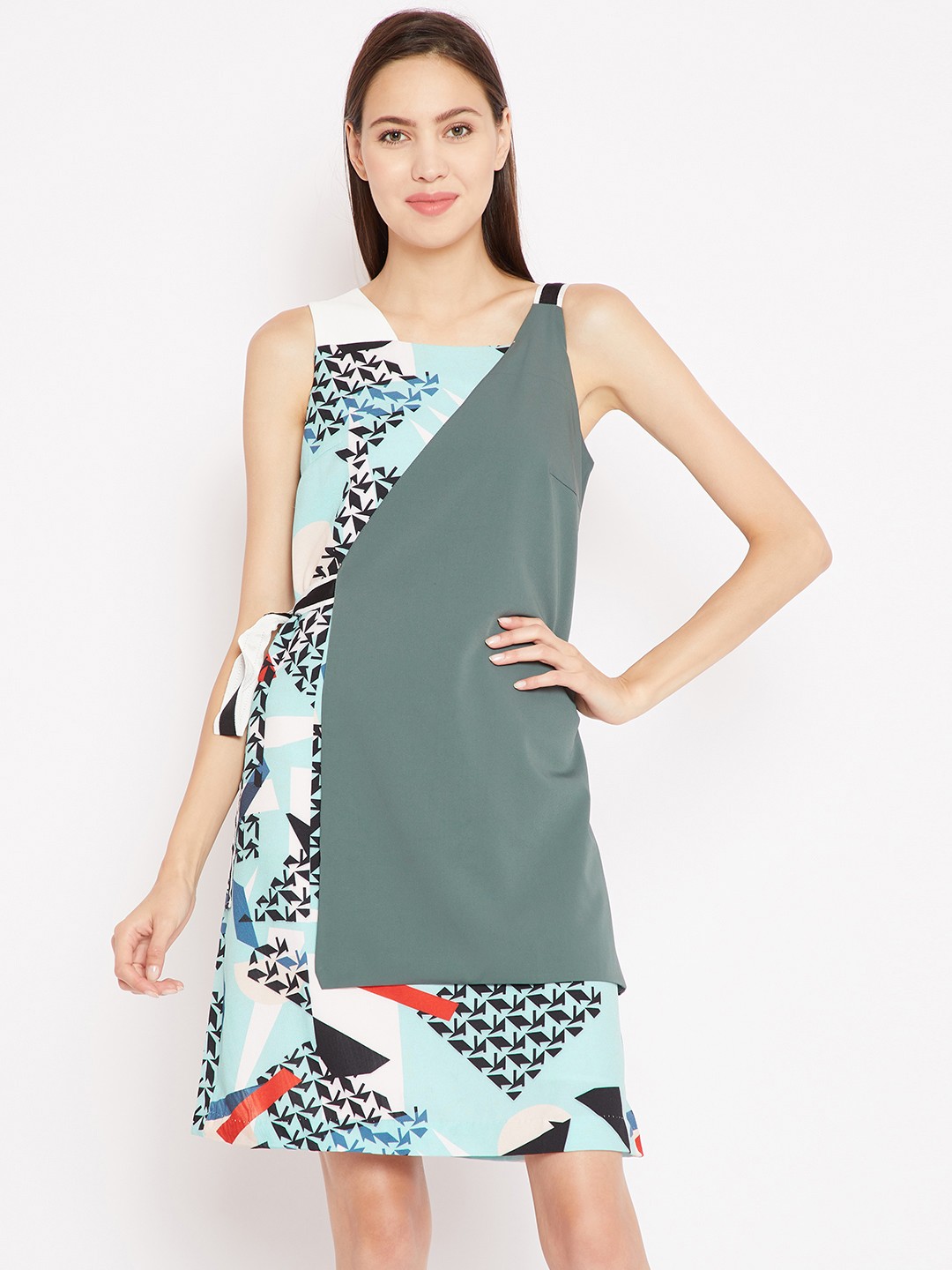 

Madame Women Sea Green Printed Layered A-Line Dress