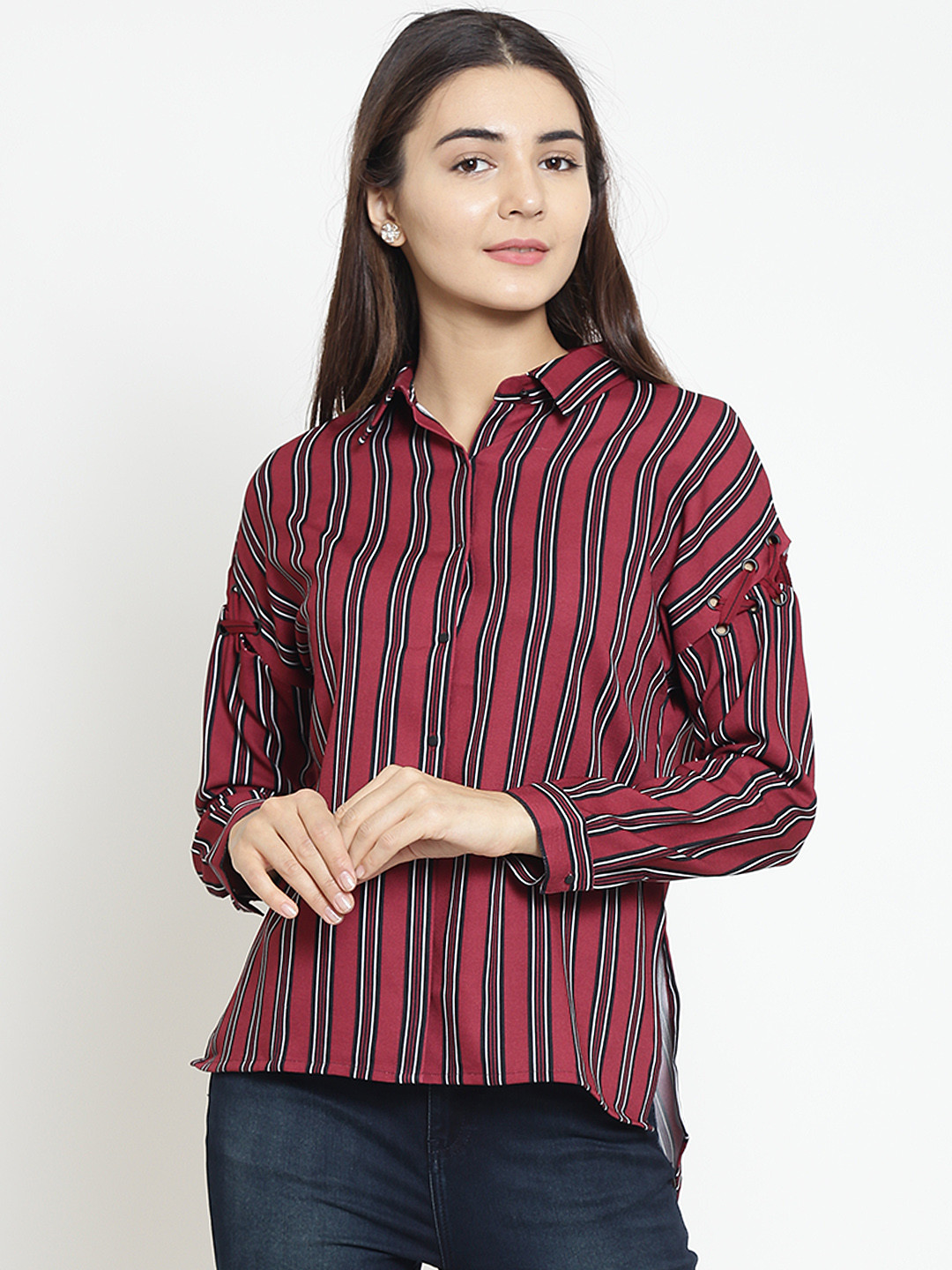 

Madame Women Maroon & Black Striped Casual Shirt