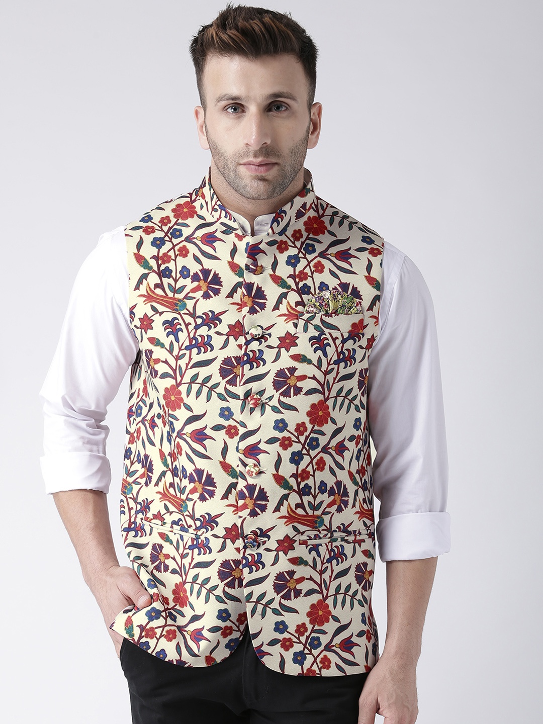 

HangUp Men Off-White Printed Nehru Jacket