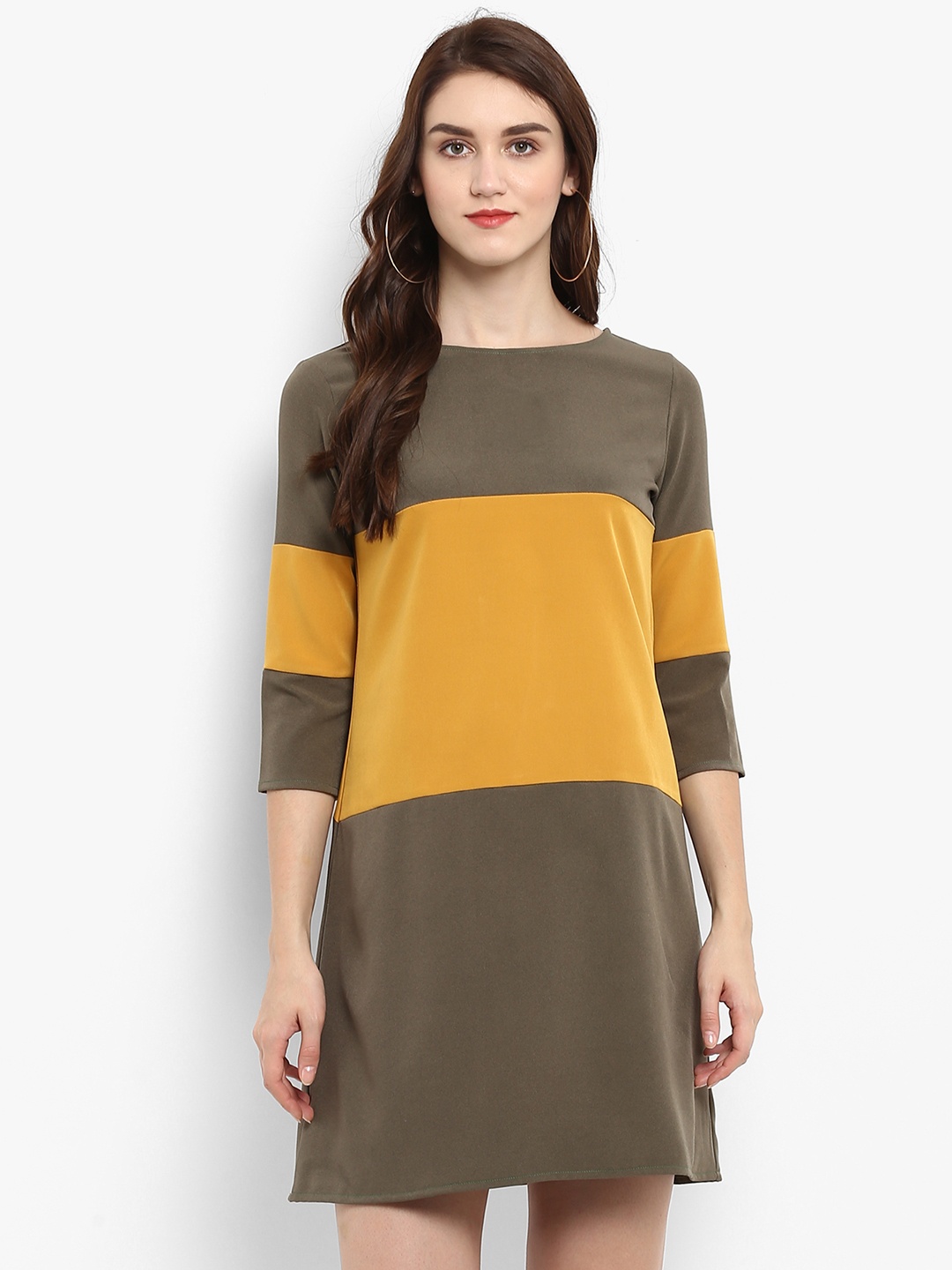 

Zima Leto Women Olive Green & Mustard Yellow Colourblocked A-Line Dress