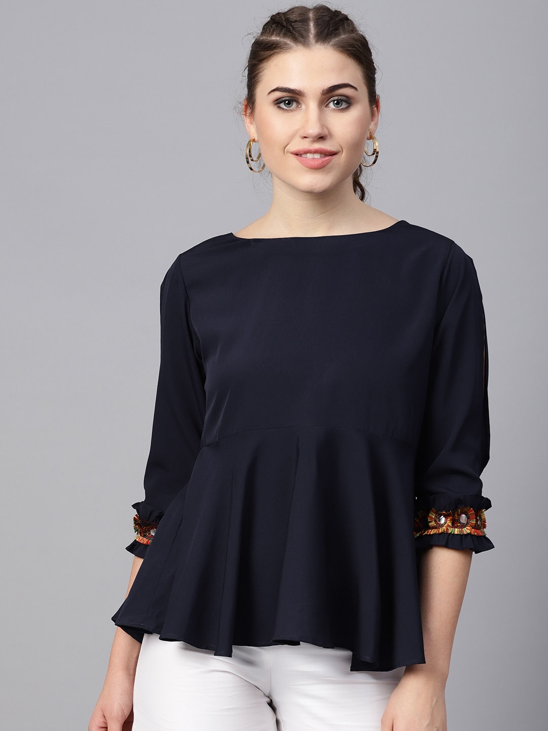 

Zima Leto Women Navy Solid Peplum Top, Navy blue