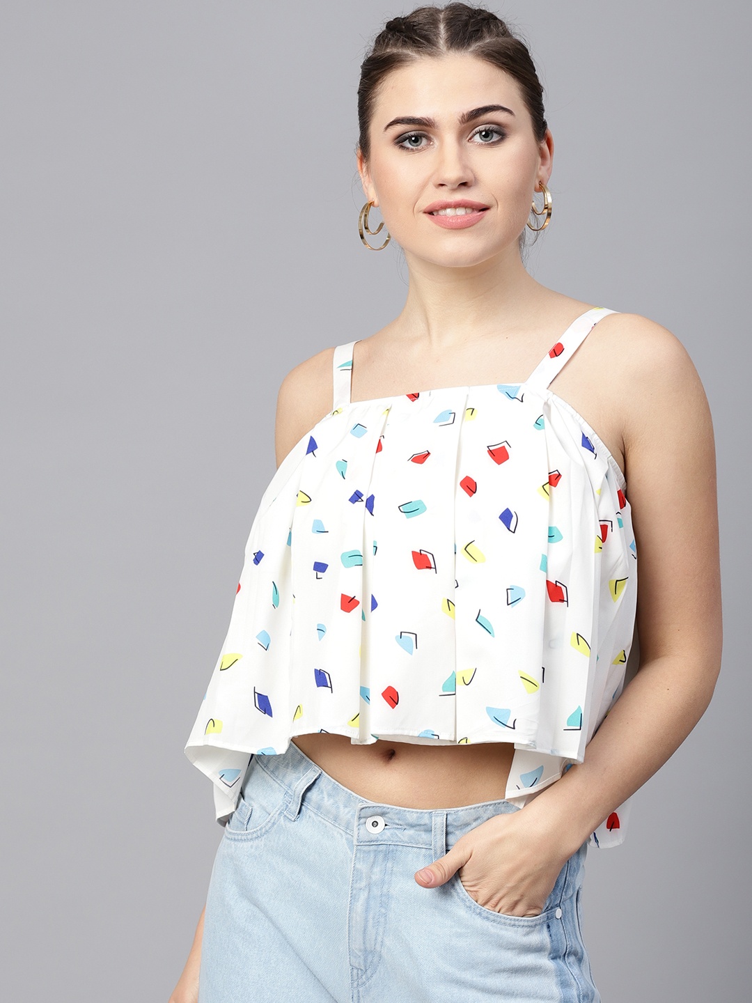 

Zima Leto Women White Printed Crop A-Line Top