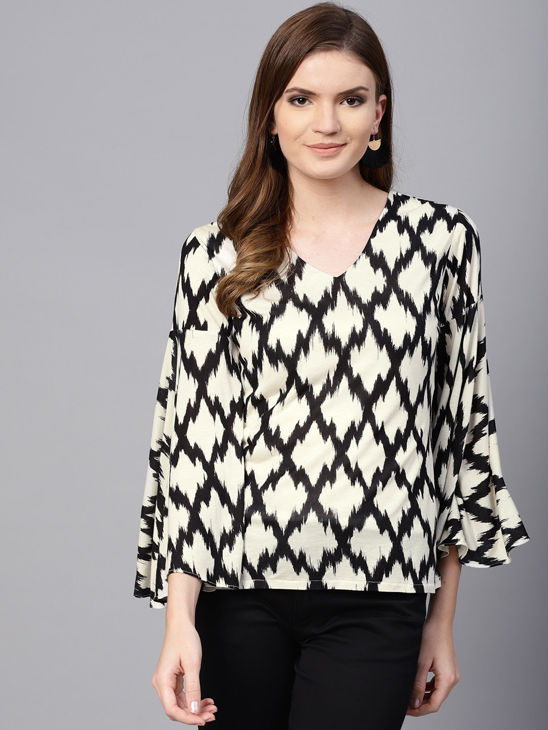 

Zima Leto Women Off-White & Black Ikat Print Top