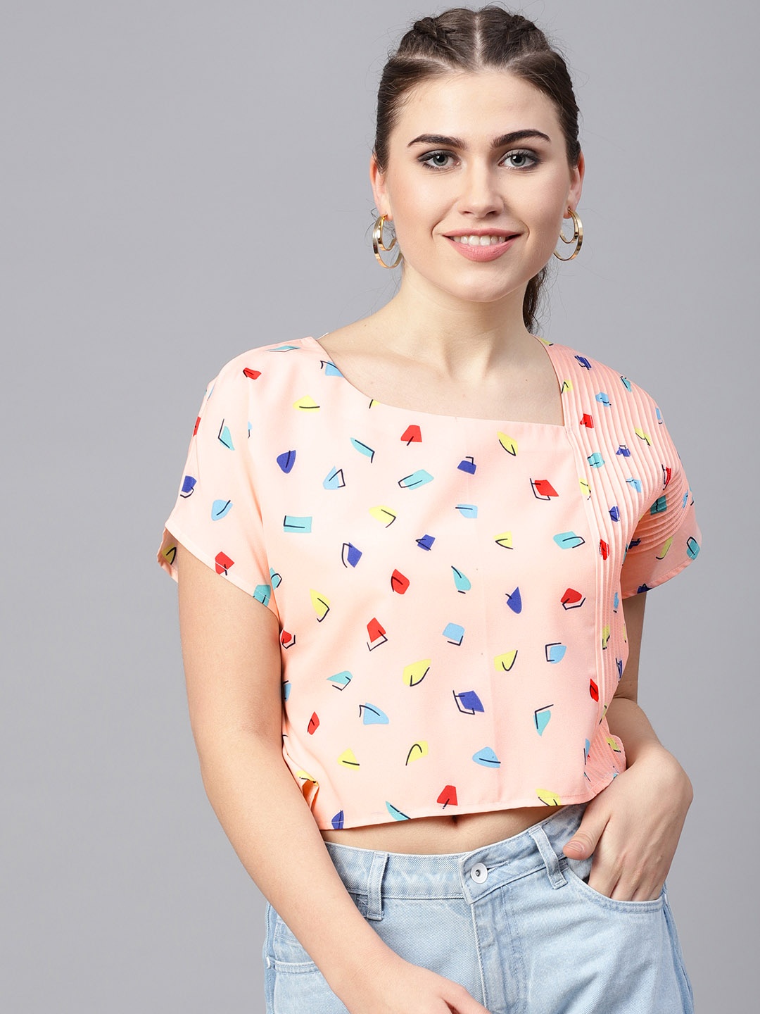 

Zima Leto Women Peach-Coloured Printed Crop Boxy Top