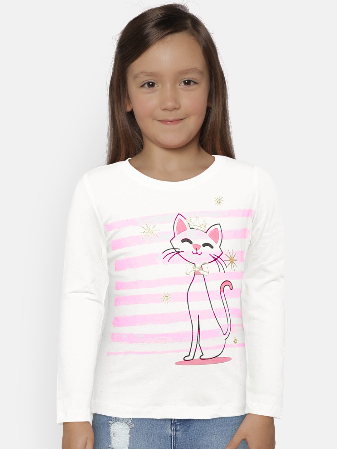 

Adams kids Girls White & Pink Printed Round Neck T-shirt