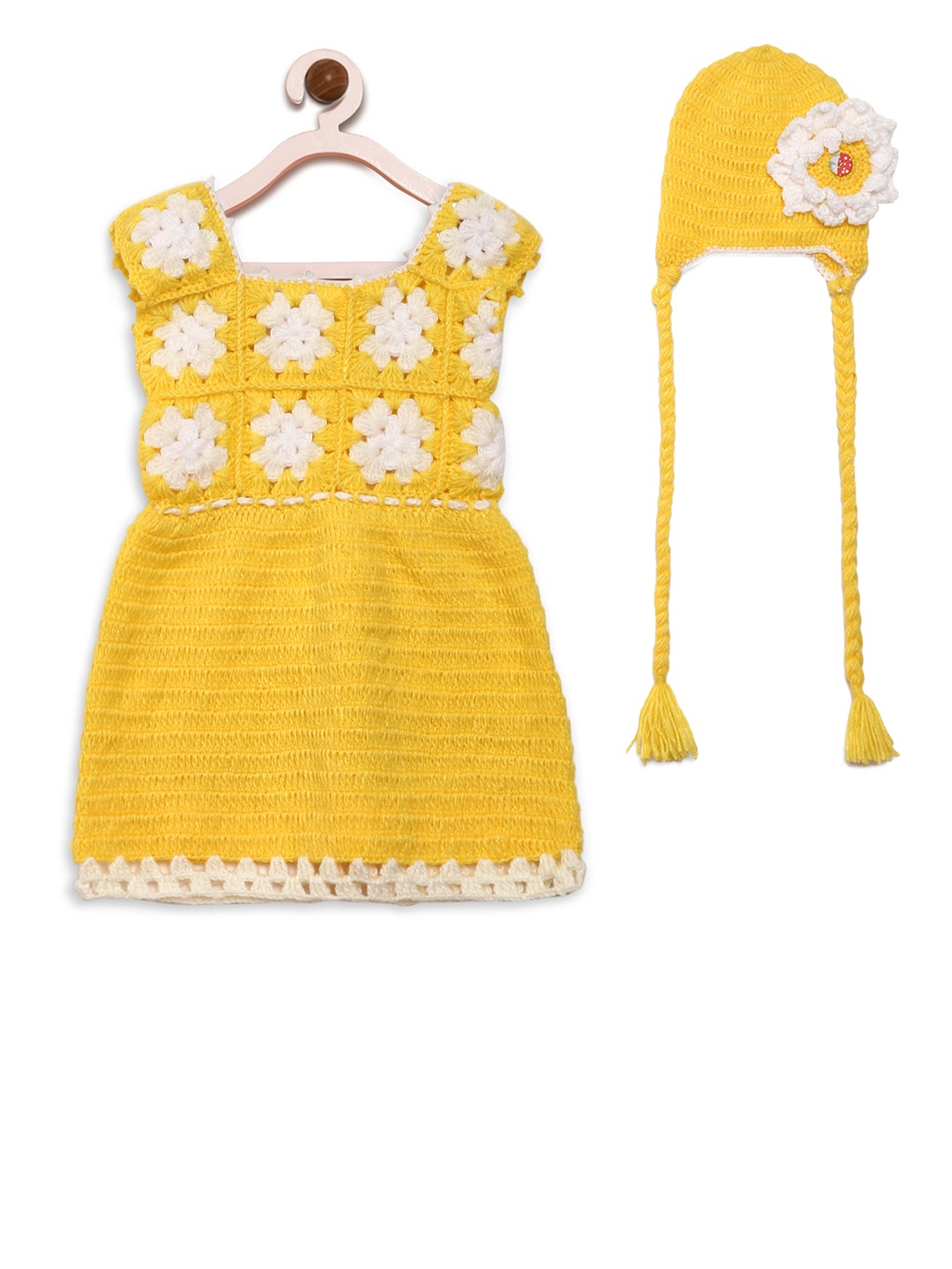 

CHUTPUT Girls Yellow Self Design Woollen Fit and Flare Dress