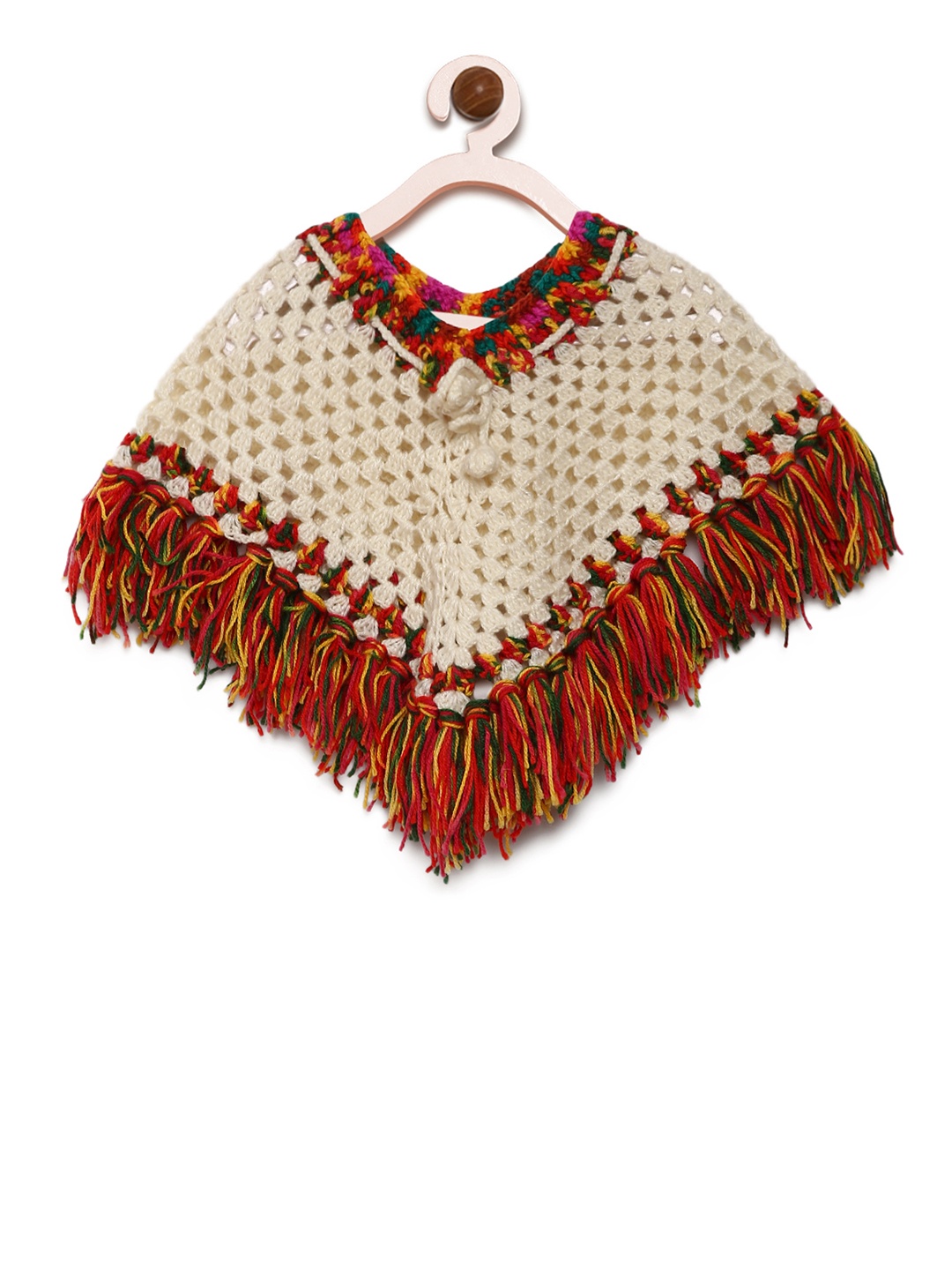 

CHUTPUT Girls Off-White & Multicoloured Woolen Self Design Poncho