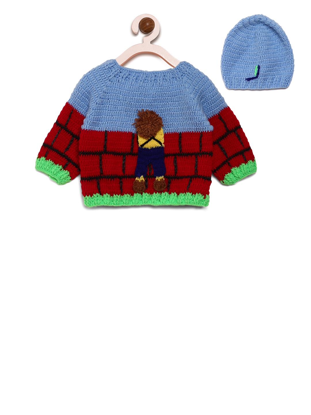 

CHUTPUT Unisex Red & Blue Self Design Pullover with a Beanie Cap