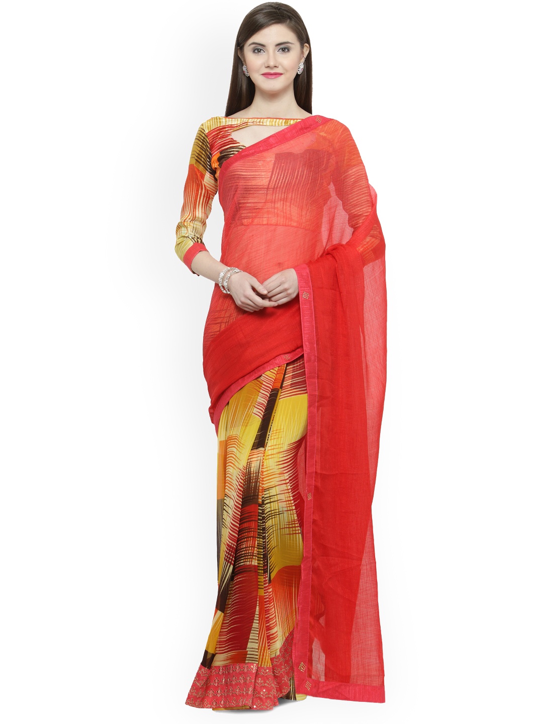 

Shaily Red & Yellow Pure Georgette Printed Saree