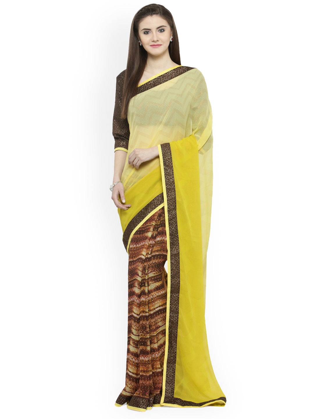 

Shaily Yellow & Black Pure Georgette Printed Saree
