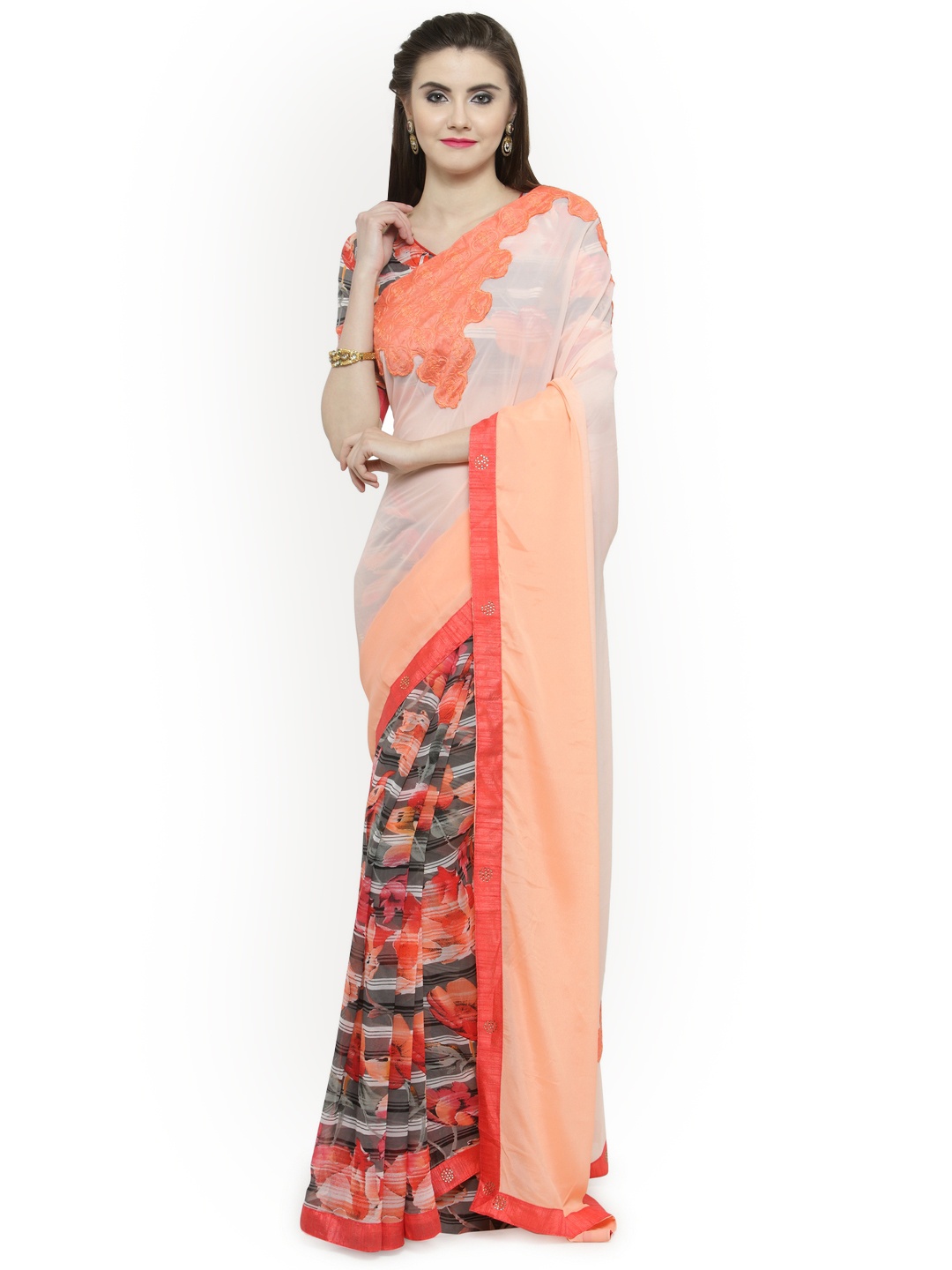 

Shaily Orange Printed Pure Georgette Saree