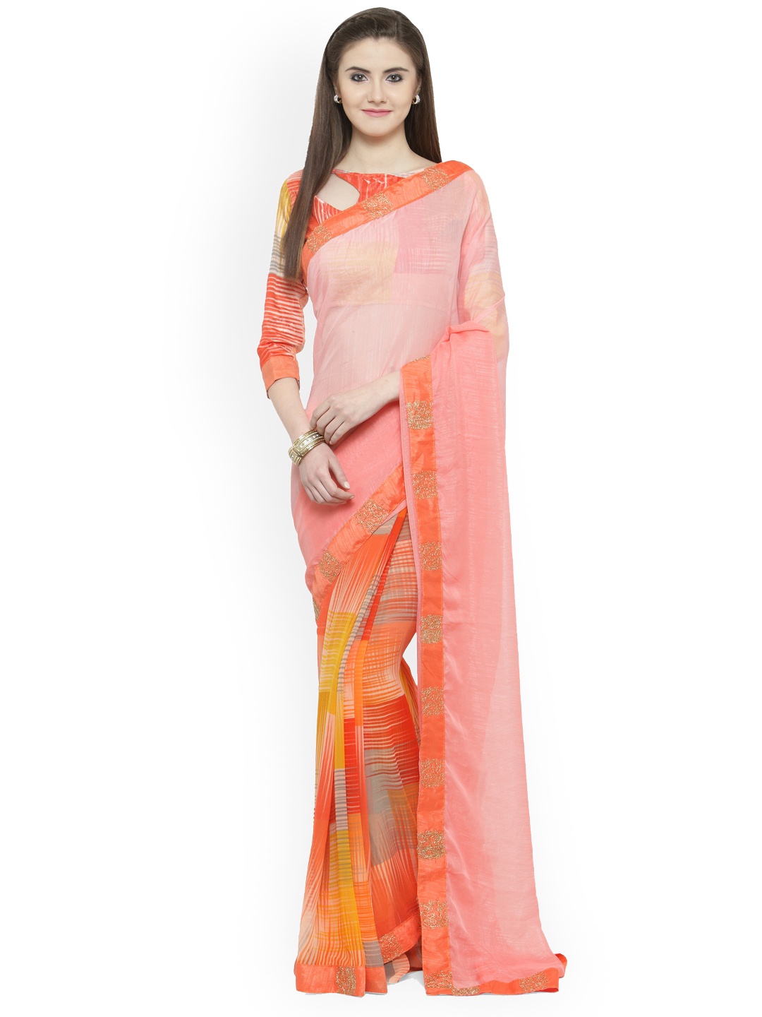 

Shaily Peach-Coloured & Orange Pure Georgette Printed Saree