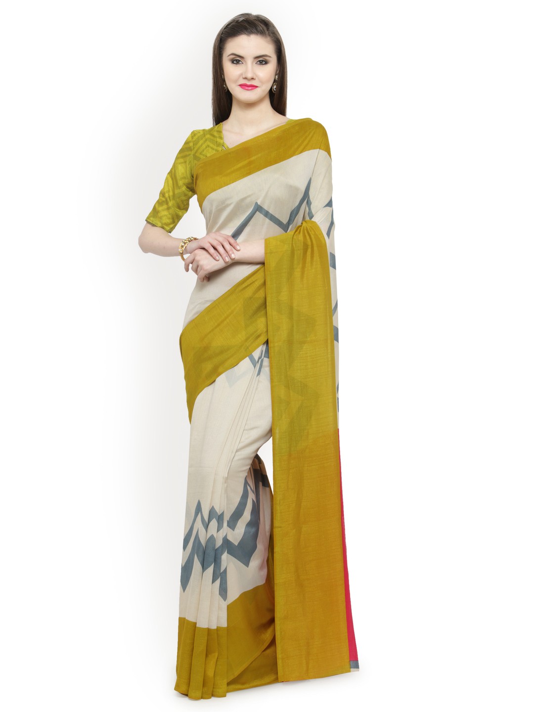 

Shaily Cream-Coloured & Green Silk Cotton Printed Saree