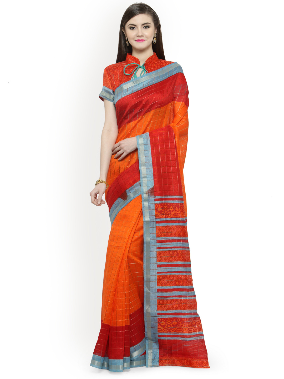 

Shaily Orange & Grey Silk Cotton Striped Saree