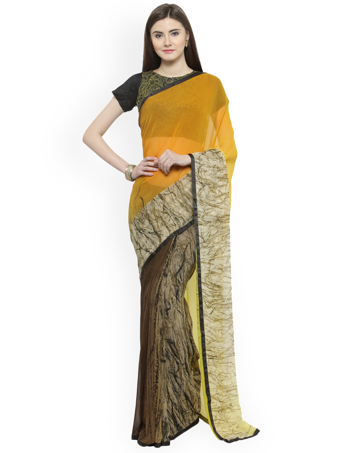 

Shaily Yellow & Black Pure Georgette Printed Saree