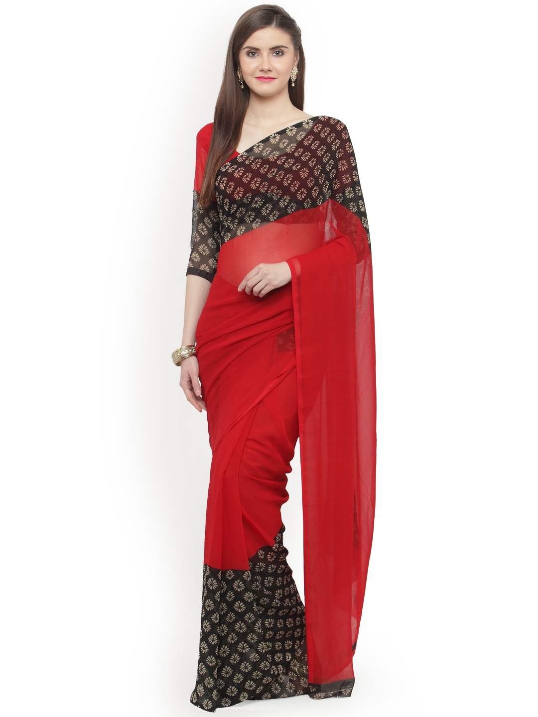 

Shaily Black & Red Pure Georgette Printed Saree