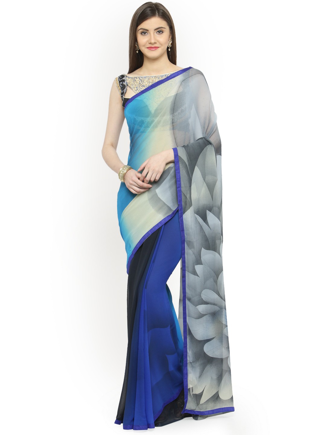

Shaily Blue & Grey Pure Georgette Printed Saree
