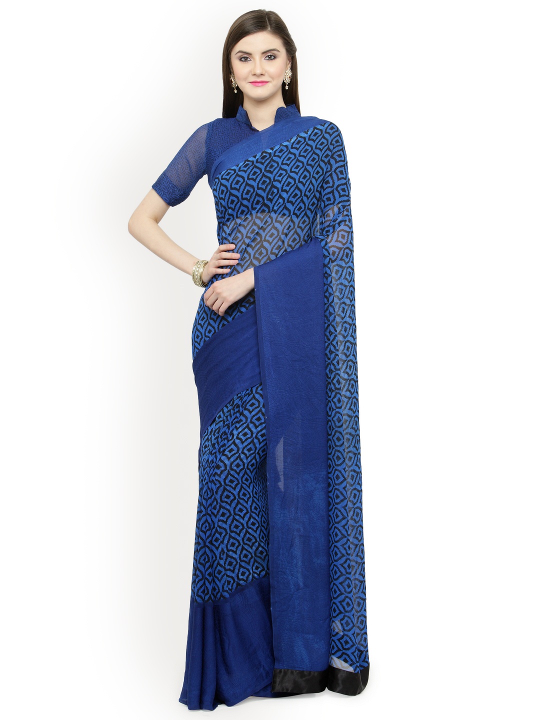 

Shaily Blue & Black Satin Printed Saree