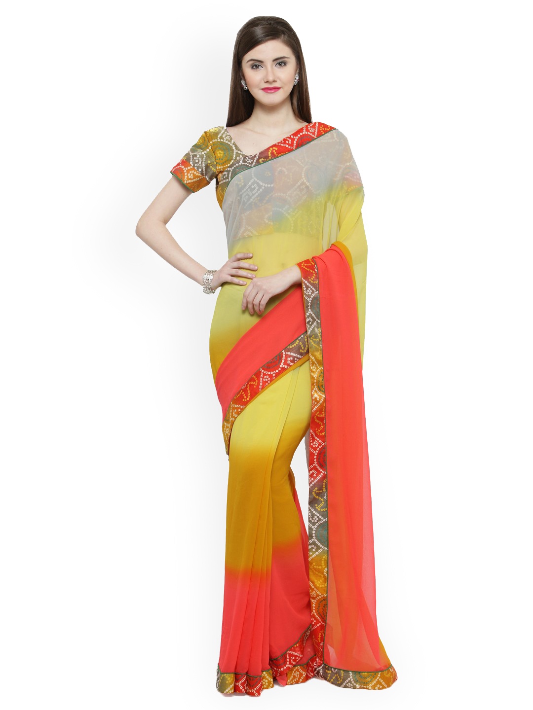 

Shaily Pink & Yellow Pure Georgette Colourblocked Saree