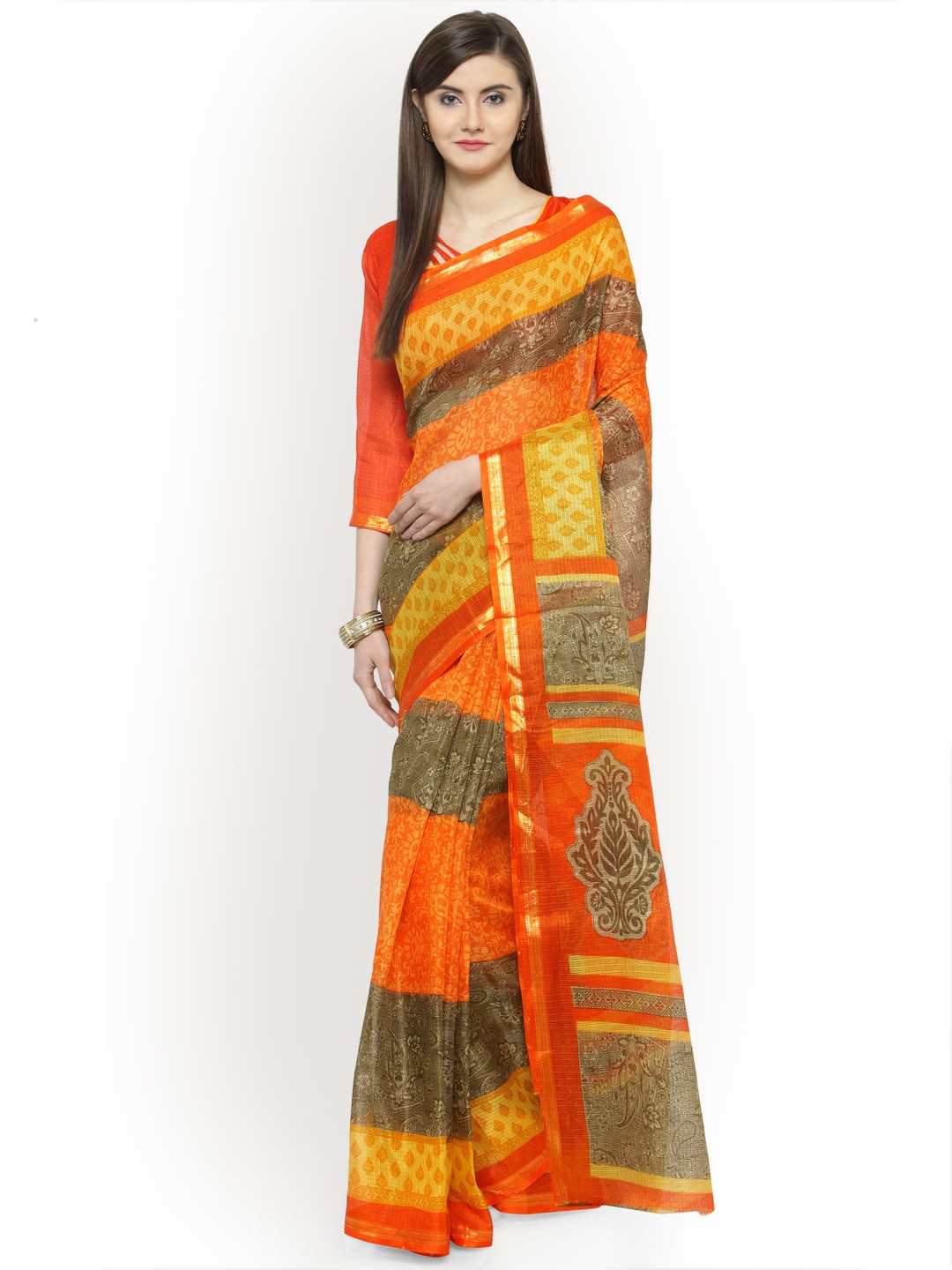 

Shaily Orange Printed Silk Cotton Saree