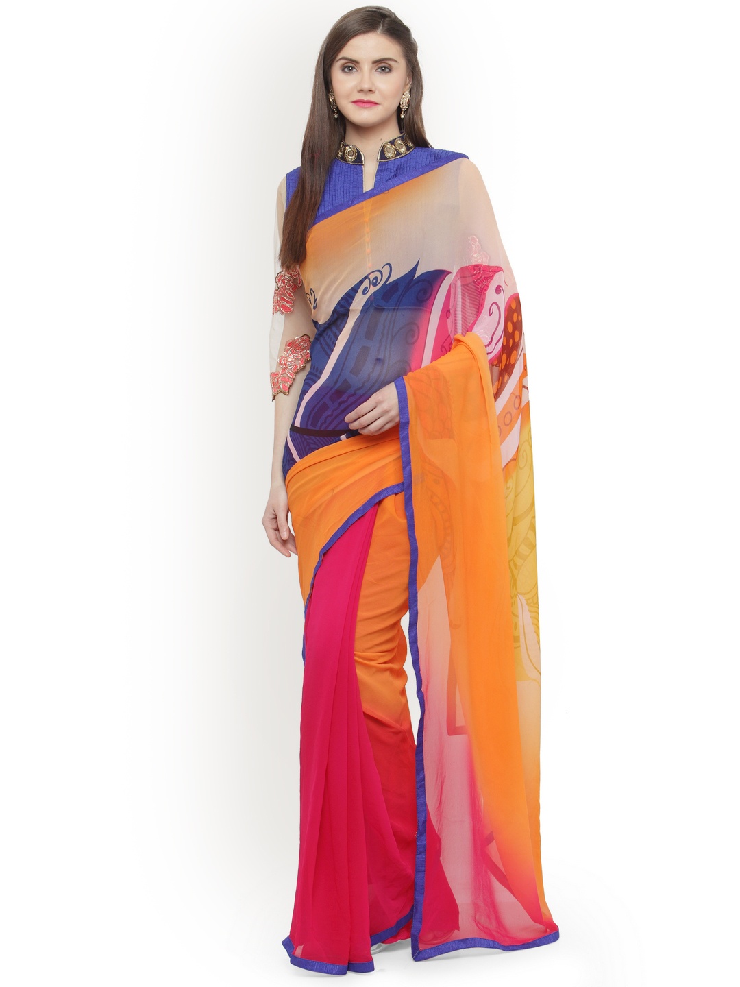 

Shaily Orange & Pink Printed Pure Georgette Saree