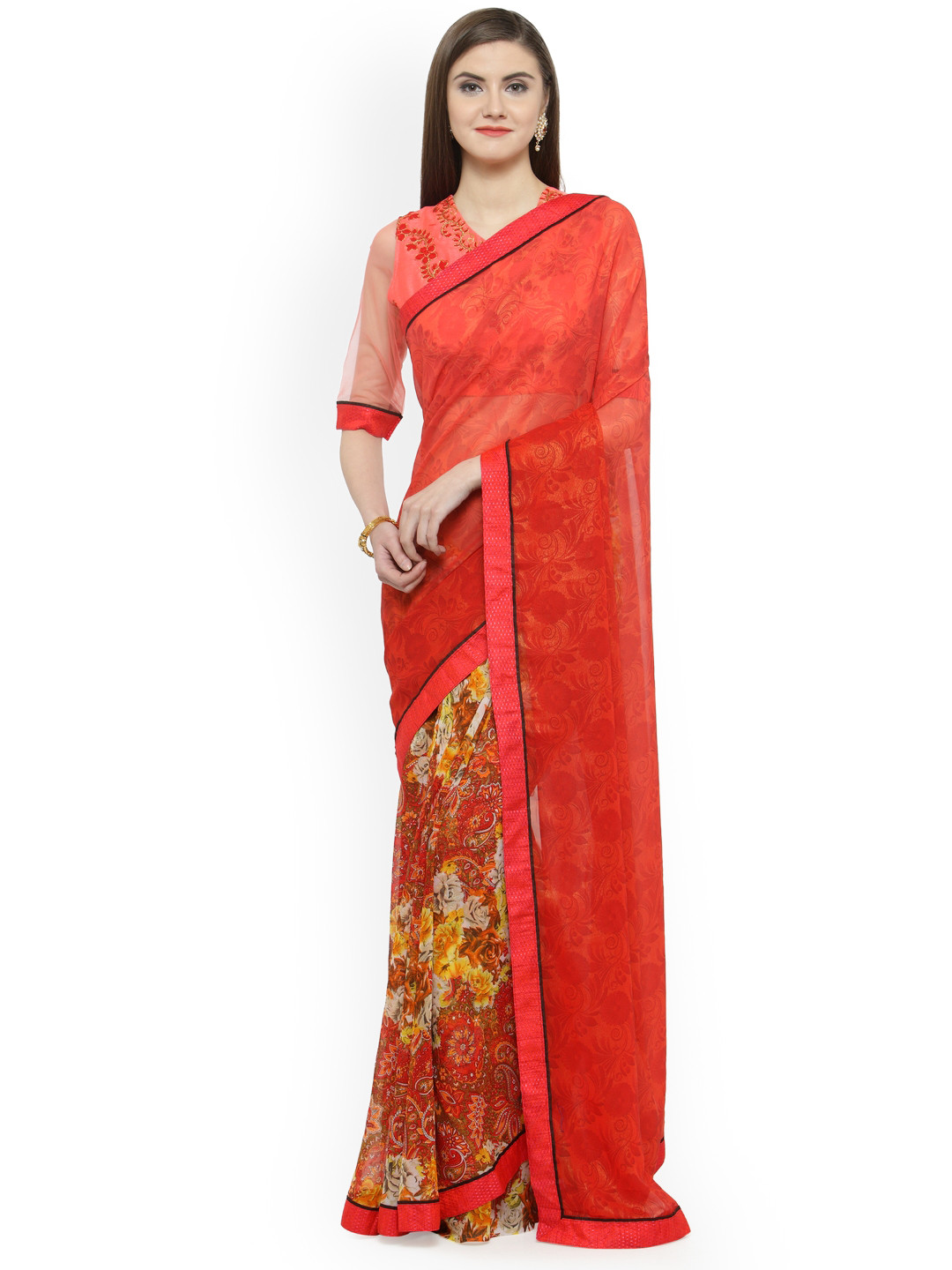 

Shaily Red & Yellow Pure Georgette Printed Saree