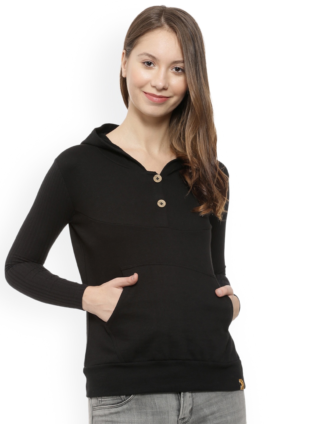 

Campus Sutra Women Black Solid Hooded Sweatshirt