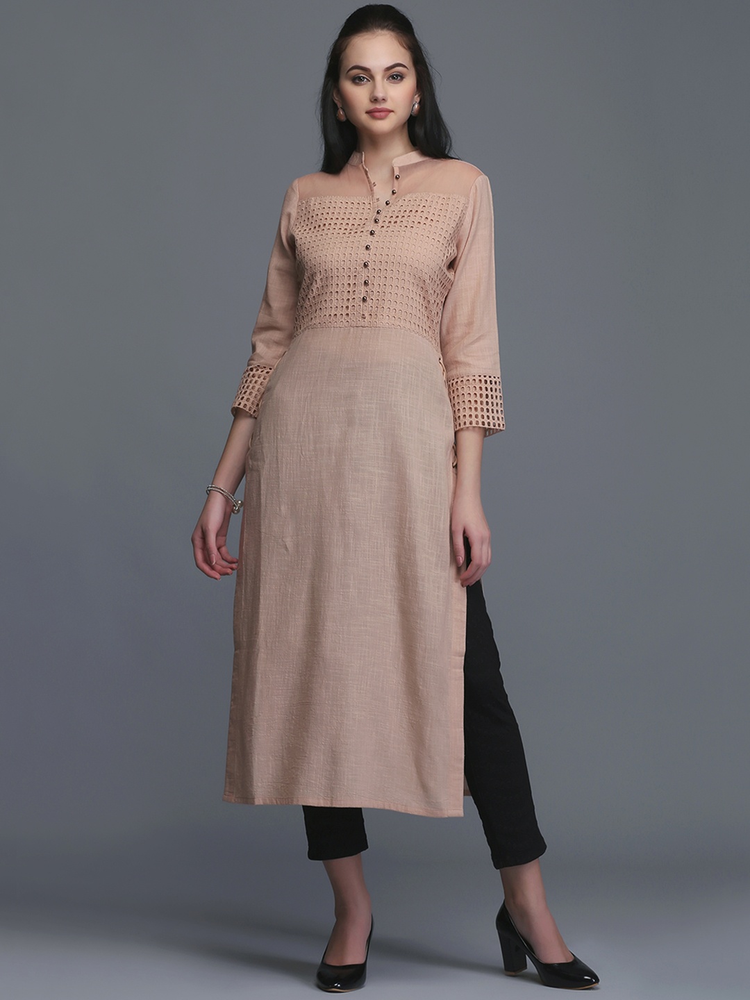 

Ojjasvi Women Beige Yoke Design Straight Kurta