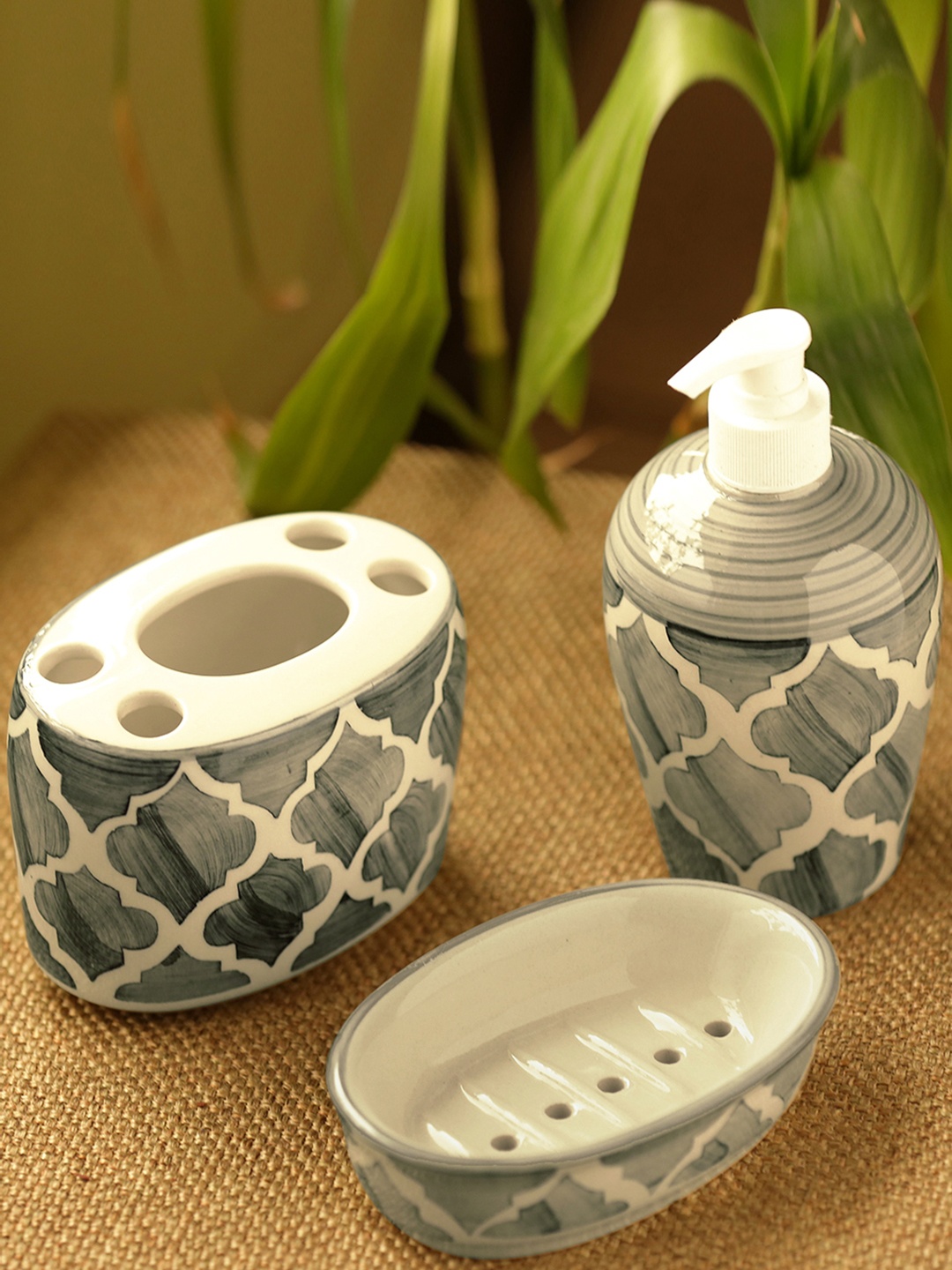 

ExclusiveLane Set Of 3 Moroccan Handpainted Ceramic Bathroom Accessories Set, Grey
