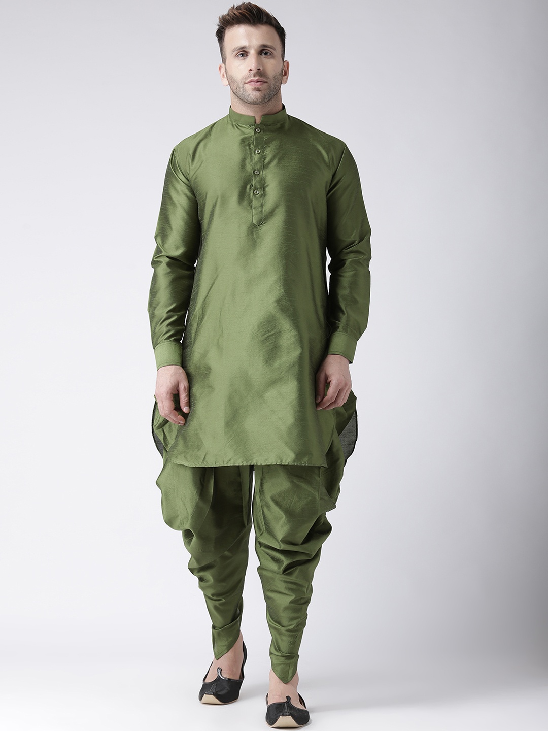 

Hangup Men Olive Green Solid Kurta with Harem Pants