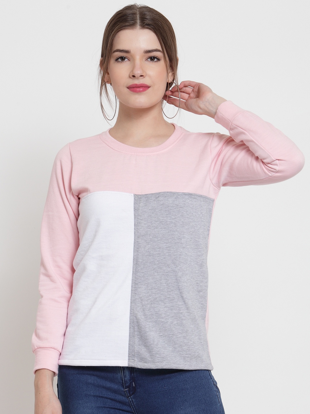 

Belle Fille Women Pink & Grey Melange Colourblocked Sweatshirt