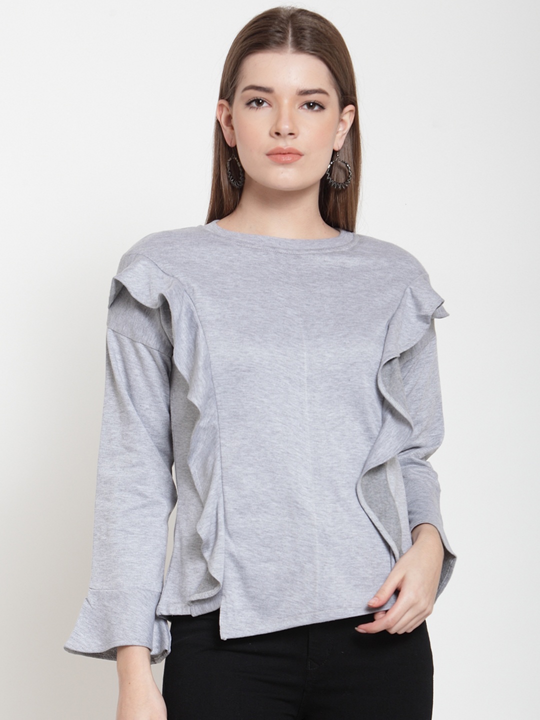 

Belle Fille Women Grey Melange Solid Sweatshirt