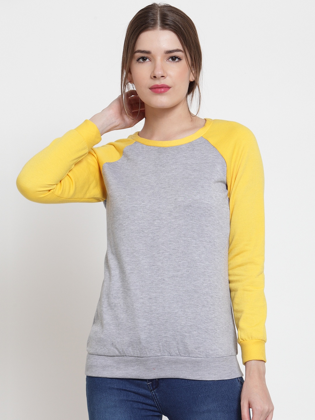 

Belle Fille Women Grey Melange & Yellow Colourblocked Sweatshirt