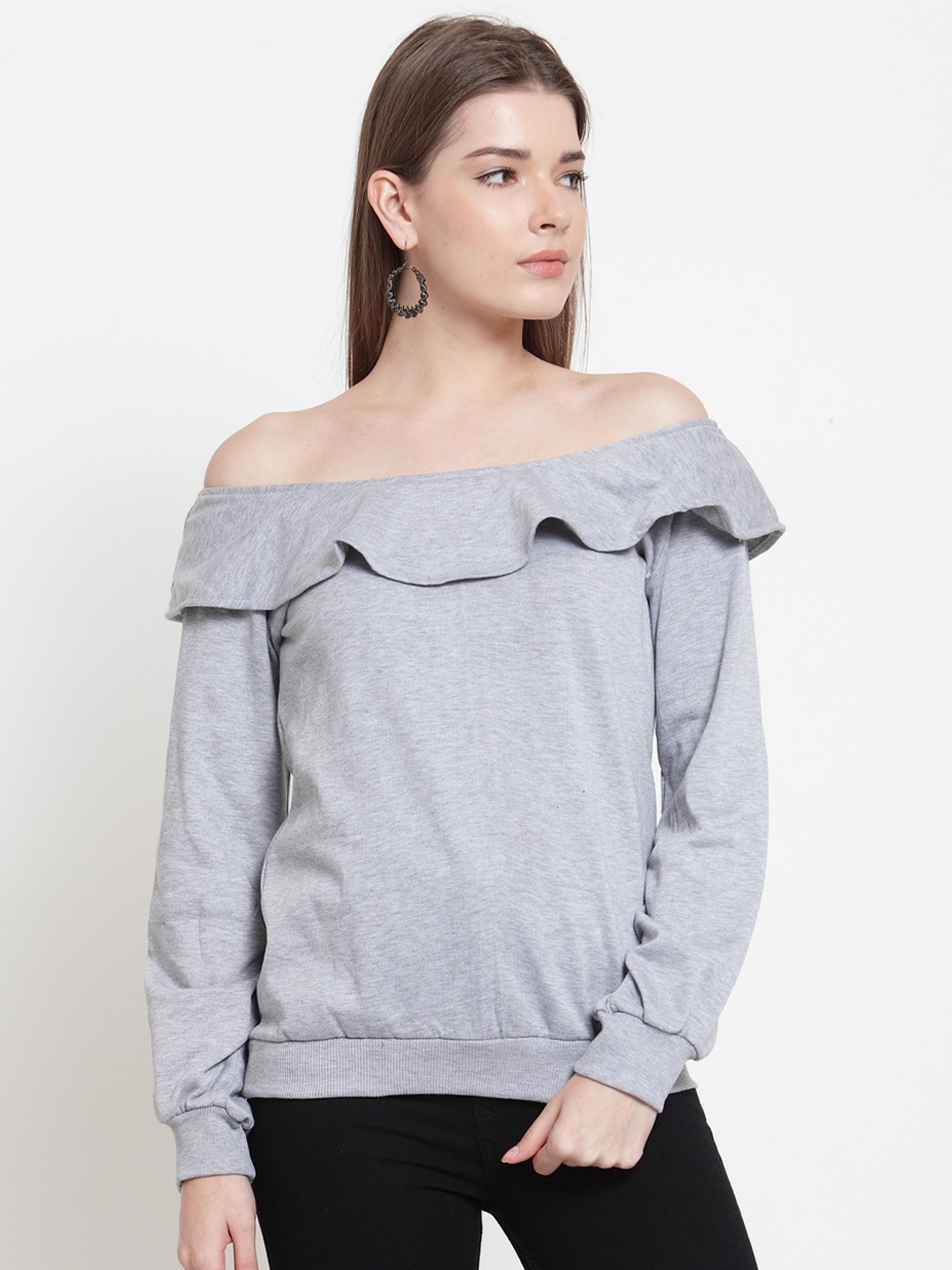 

Belle Fille Women Grey Melange Solid Sweatshirt