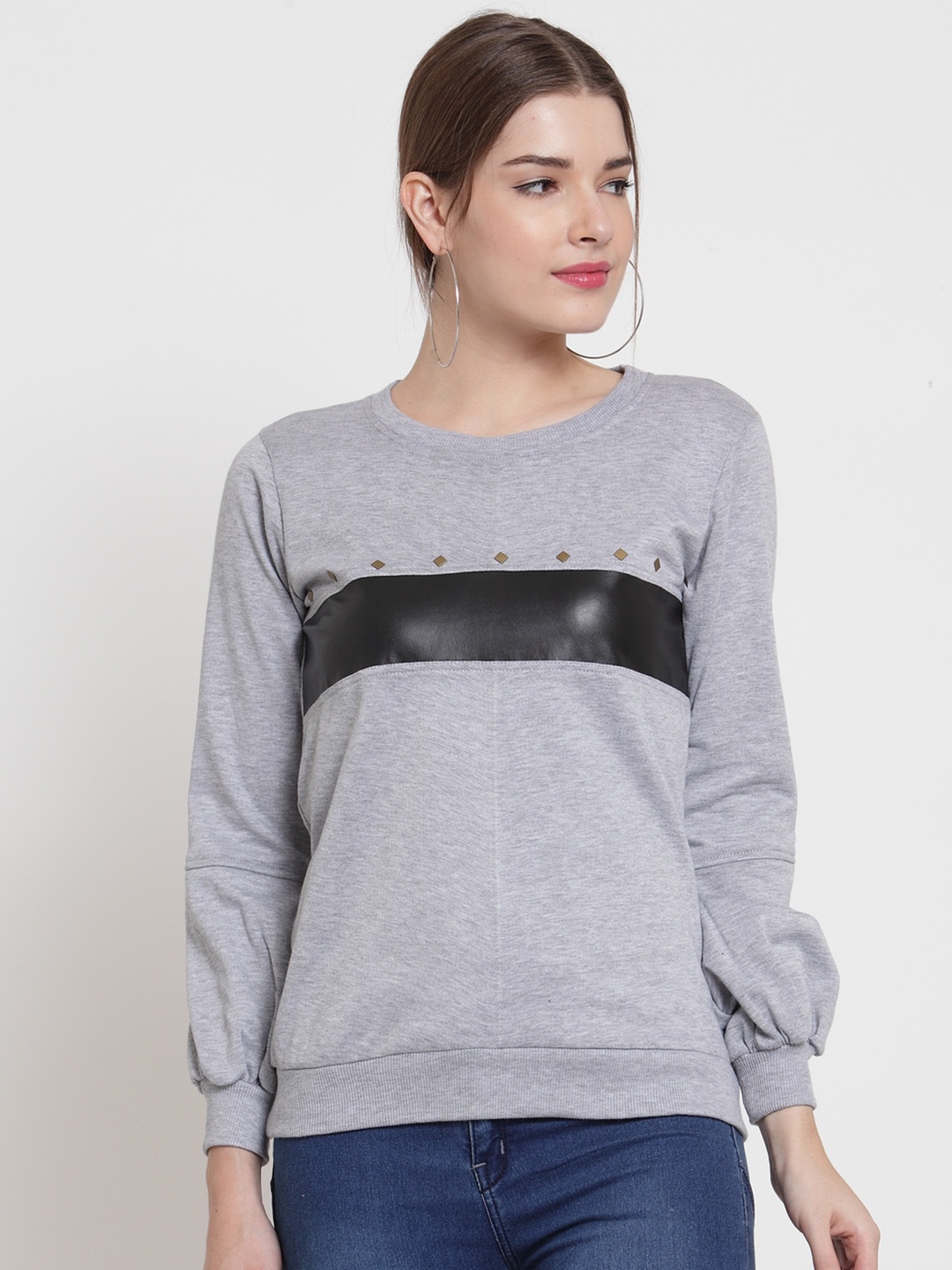 

Belle Fille Women Grey Melange Solid Sweatshirt