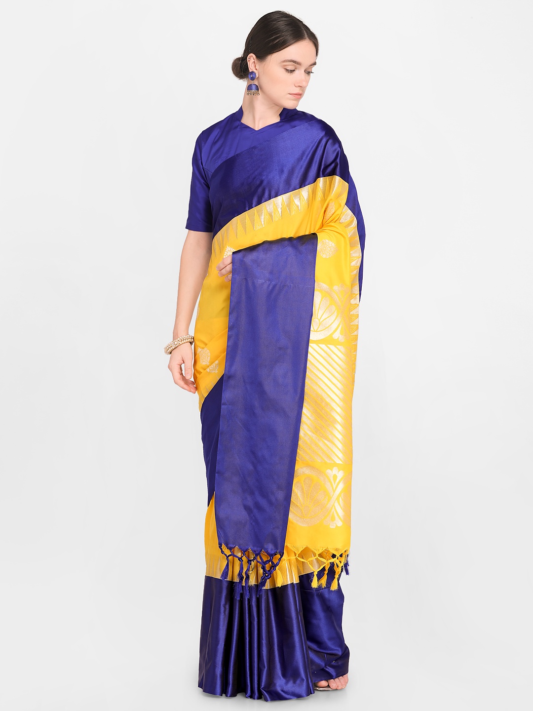 

Varkala Silk Sarees Yellow & Blue Silk Blend Woven Design Kanjeevaram Saree