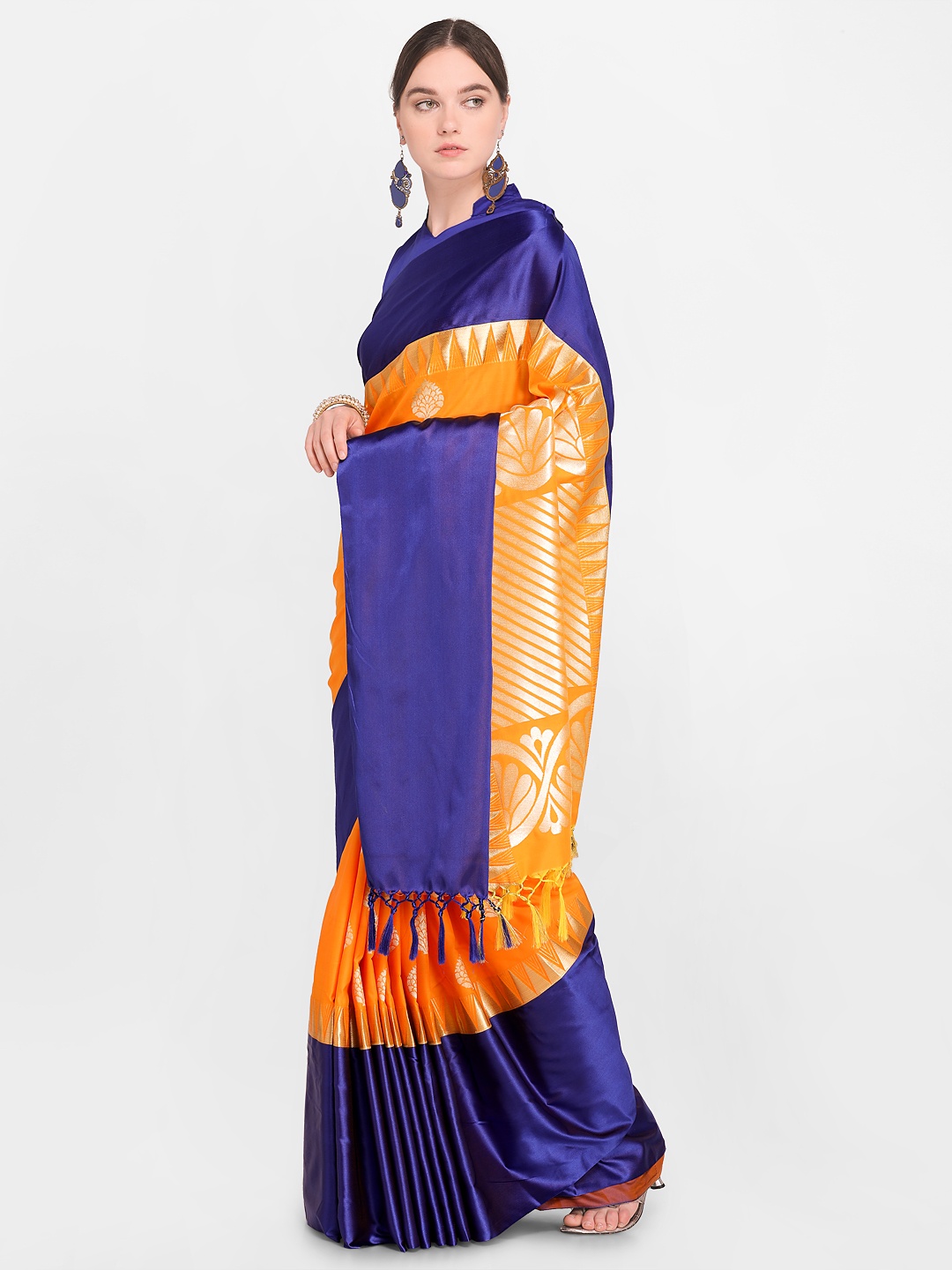 

Varkala Silk Sarees Orange & Blue Silk Blend Woven Design Kanjeevaram Saree