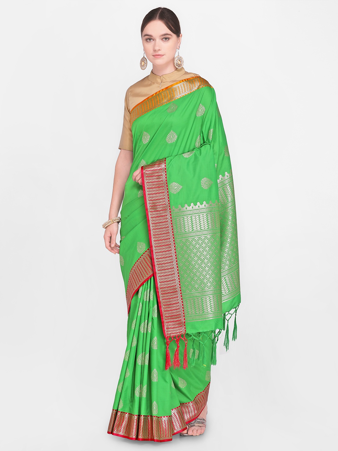 

Varkala Silk Sarees Green & Orange Silk Blend Woven Design Kanjeevaram Saree