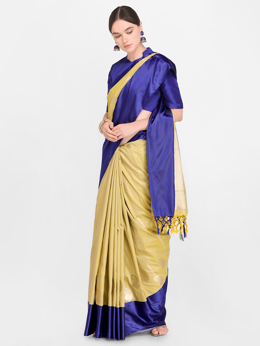 

Varkala Silk Sarees Beige & Blue Silk Blend Woven Design Kanjeevaram Saree