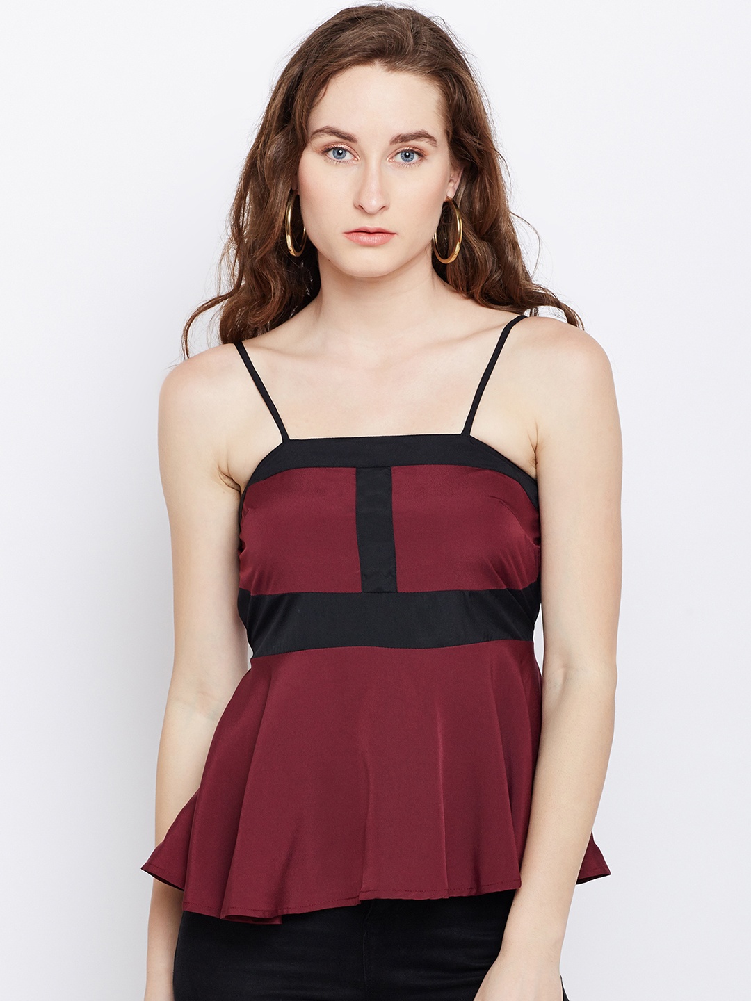 

Popnetic Women Burgundy Solid Peplum Top