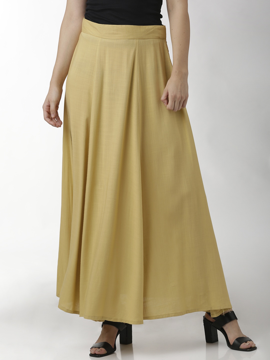 

breya Beige Solid Flared Maxi Skirt