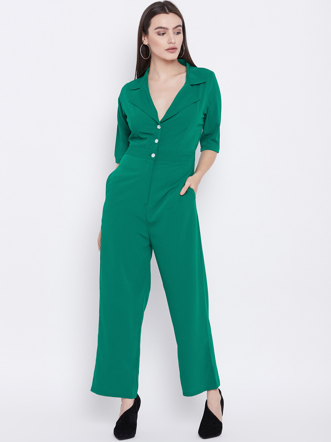 

THE SILHOUETTE STORE Green Solid Basic Jumpsuit