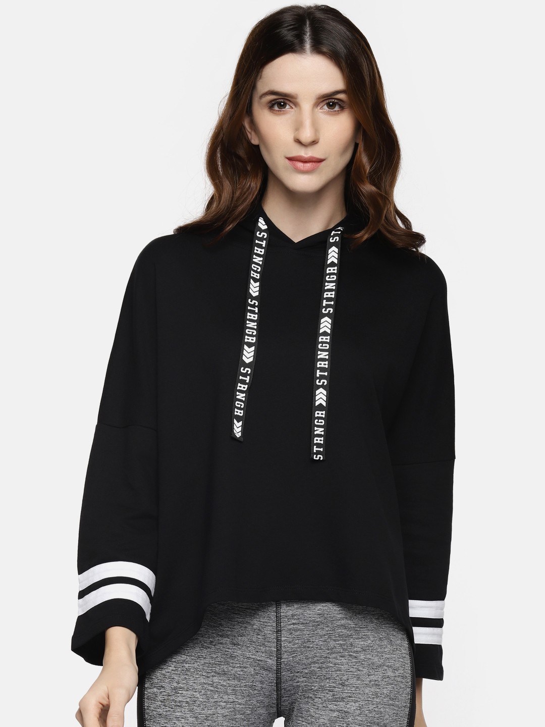 

Ajile by Pantaloons Women Black Striped Hooded Sweatshirt
