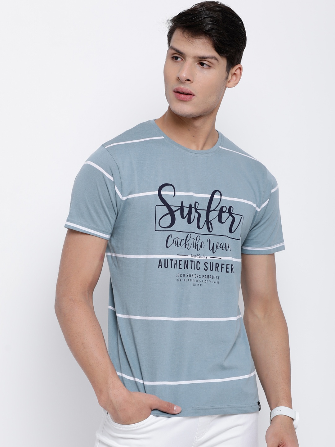 

LOCOMOTIVE Men Blue Striped Round Neck T-shirt